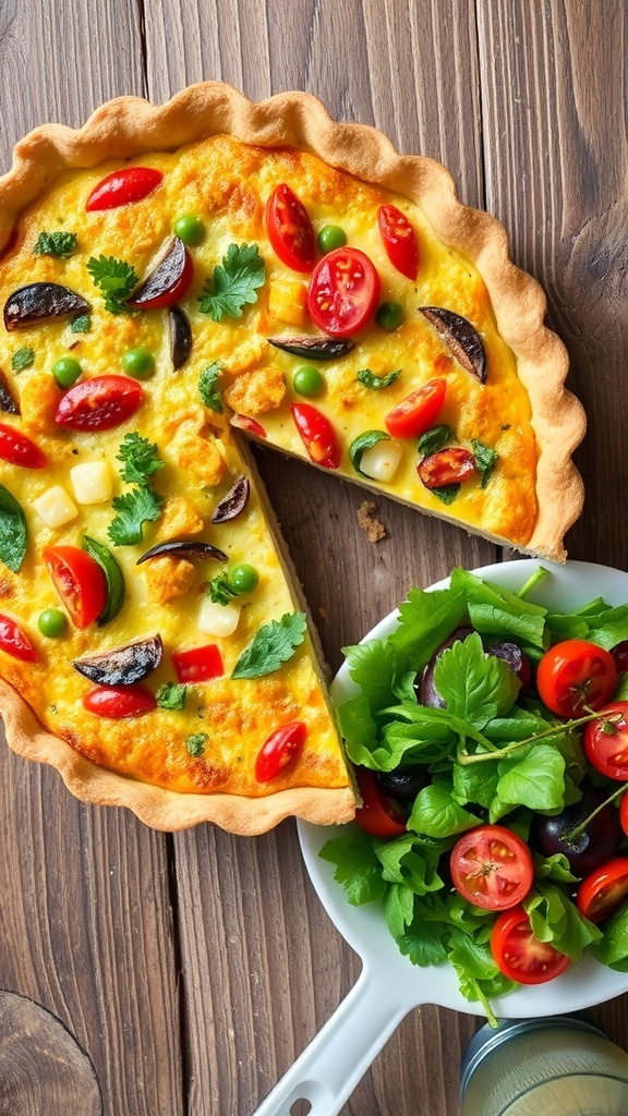 A golden-brown quiche with colorful vegetable filling, sliced into wedges on a wooden table with a side salad.